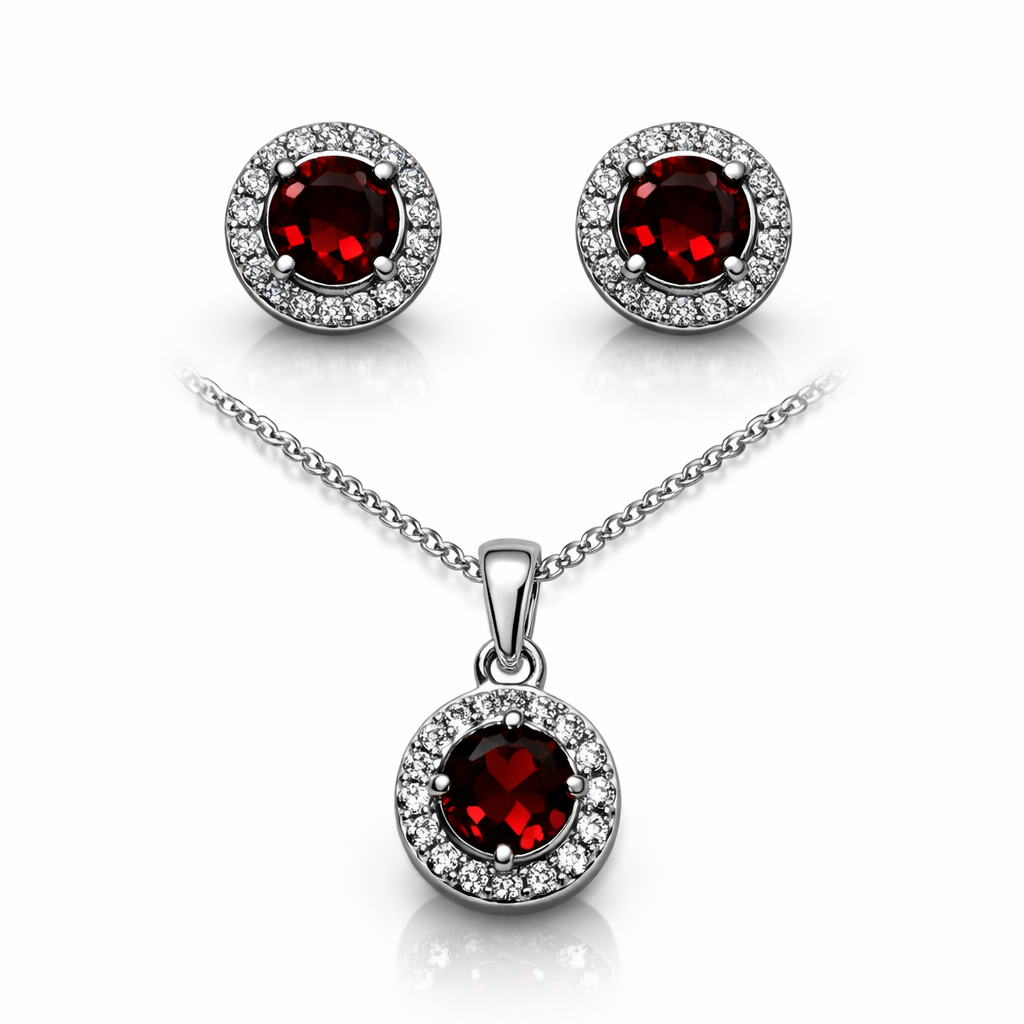 Jewelry set with round red gemstones and silver accents on a white background